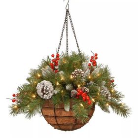 Artificial Christmas Hanging Basket Garland with White LED Light Red Berries  - one size