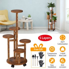 5 Tier Plant Stand with 4 Detachable Wheels Wooden Plant Pot Rolling Shelf Plant Display Rack for Indoor Outdoor Decoration - Yellow