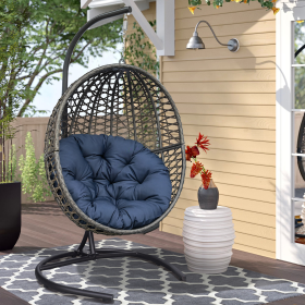 Wicker Basket Swing Chair;  Hanging Egg Chairs with Durable Stand and Waterproof Cushion for Outdoor Patio - Navy Blue