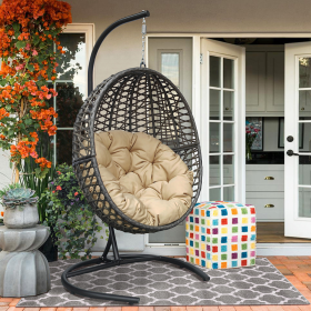 Wicker Basket Swing Chair;  Hanging Egg Chairs with Durable Stand and Waterproof Cushion for Outdoor Patio - Khaki