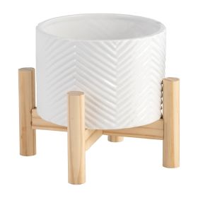 6" CERAMIC CHEVRON PLANTER W/ WOOD STAND, WHITE - as Pic