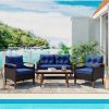 GO 4-Piece Garden Furniture, Patio Seating Set, PE Rattan Outdoor Sofa Set, Wood Table and Legs, Brown and Blue - as Pic