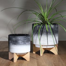 CERAMIC 10" PLANTER ON WOODEN STAND, GRAY - as Pic