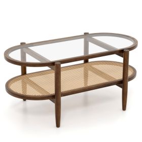 2-Tier Coffee Table with Tempered Glass Tabletop and Acacia Wood Frame - Brown