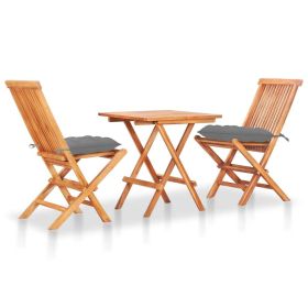 3 Piece Bistro Set with Gray Cushions Solid Teak Wood - Gray