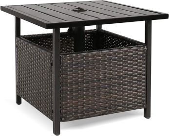 Outdoor Wicker Umbrella Side Table Patio Rattan Stand Table with Umbrella Hole - black