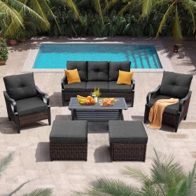 6 Pcs Outdoor Sectional Sofa With Reclining Backrest, Ottomans, Black Cushions - Brown+Black