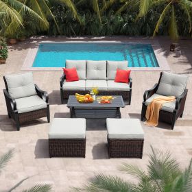 6 Pcs Outdoor Sectional Sofa With Reclining Backrest, Ottomans, Black Cushions - Brown+Light Gray