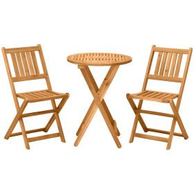 Outsunny 3-Piece Acacia Wood Bistro Set, Folding Patio Furniture with 2 Folding Chairs and Round Coffee Table, Teak, Slatted Finish, for Backyard, Bal