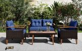 GO 4-Piece Garden Furniture, Patio Seating Set, PE Rattan Outdoor Sofa Set, Wood Table and Legs, Brown and Blue - as Pic