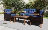 GO 4-Piece Garden Furniture, Patio Seating Set, PE Rattan Outdoor Sofa Set, Wood Table and Legs, Brown and Blue - as Pic