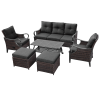 6 Pcs Outdoor Sectional Sofa With Reclining Backrest, Ottomans, Black Cushions - Brown+Black