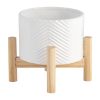 6" CERAMIC CHEVRON PLANTER W/ WOOD STAND, WHITE - as Pic