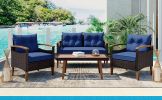 GO 4-Piece Garden Furniture, Patio Seating Set, PE Rattan Outdoor Sofa Set, Wood Table and Legs, Brown and Blue - as Pic