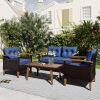 GO 4-Piece Garden Furniture, Patio Seating Set, PE Rattan Outdoor Sofa Set, Wood Table and Legs, Brown and Blue - as Pic